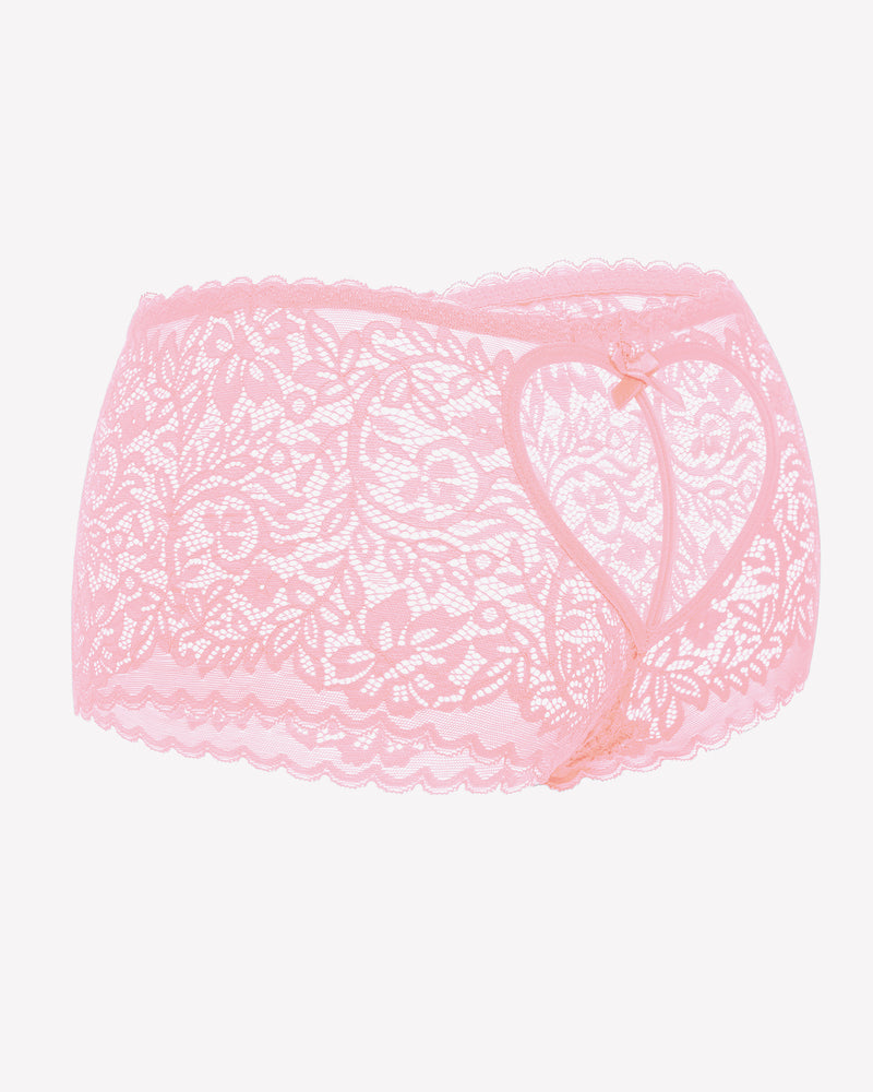 Pink lace boy shorts with heart-shaped hollow design, bow accent. Mid-waist, soft lace panties.