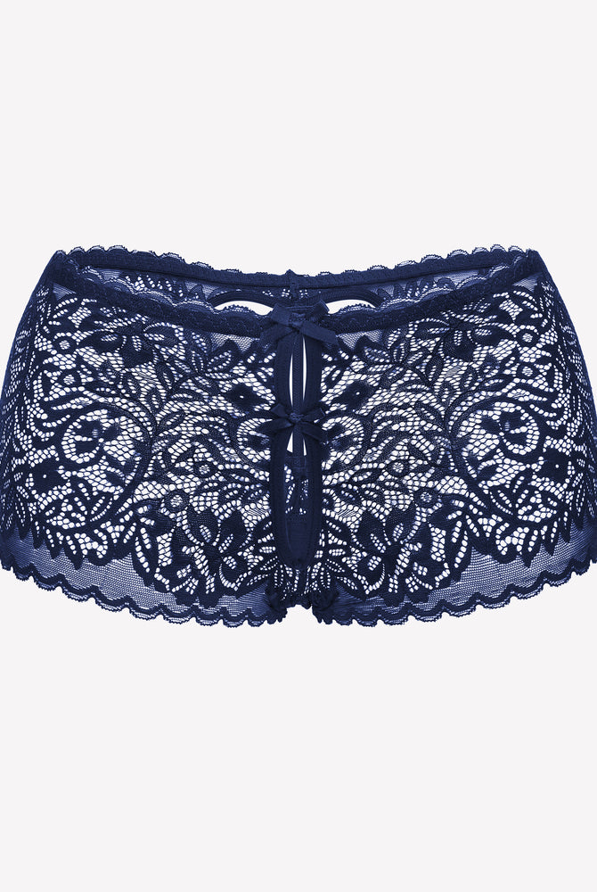 Navy blue lace boy shorts with bow accent, mid-waist panties, soft lace for a no-line look