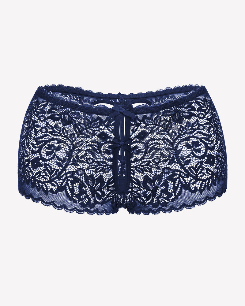 Navy blue lace boy shorts with bow accent, mid-waist panties, soft lace for a no-line look