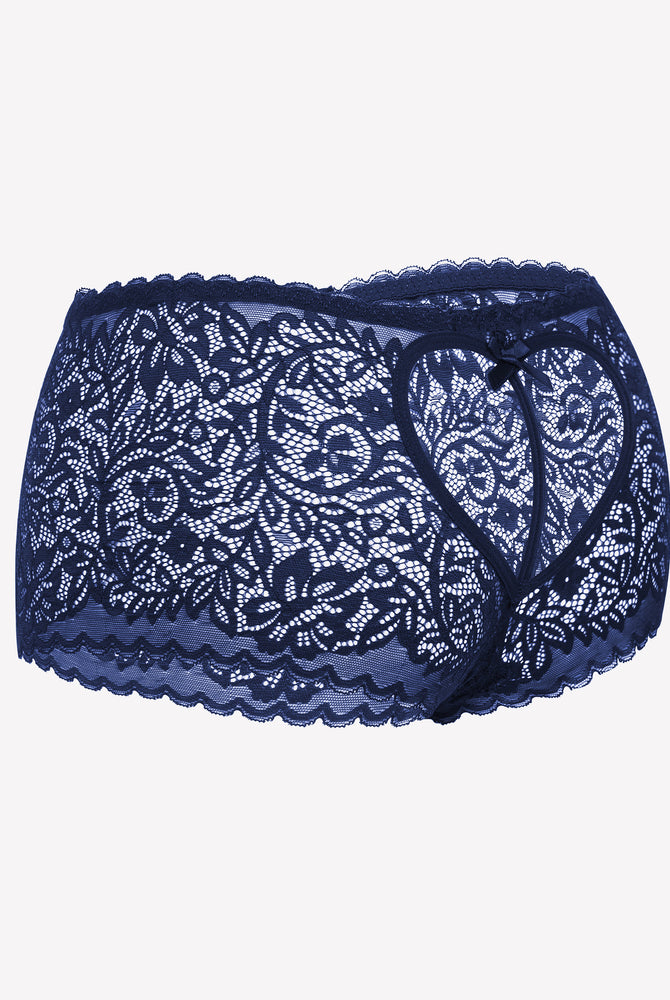 Navy blue lace boy shorts with heart-shaped hollow design, bow accent, mid-waist panties