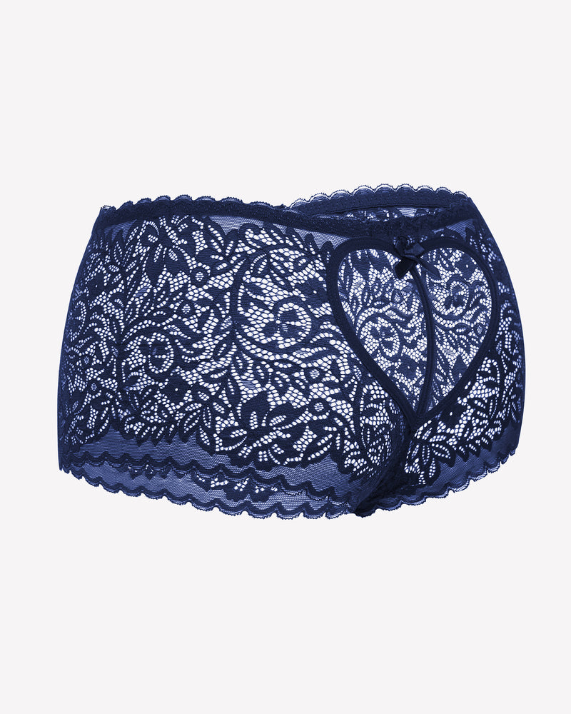 Navy blue lace boy shorts with heart-shaped hollow design, bow accent, mid-waist panties