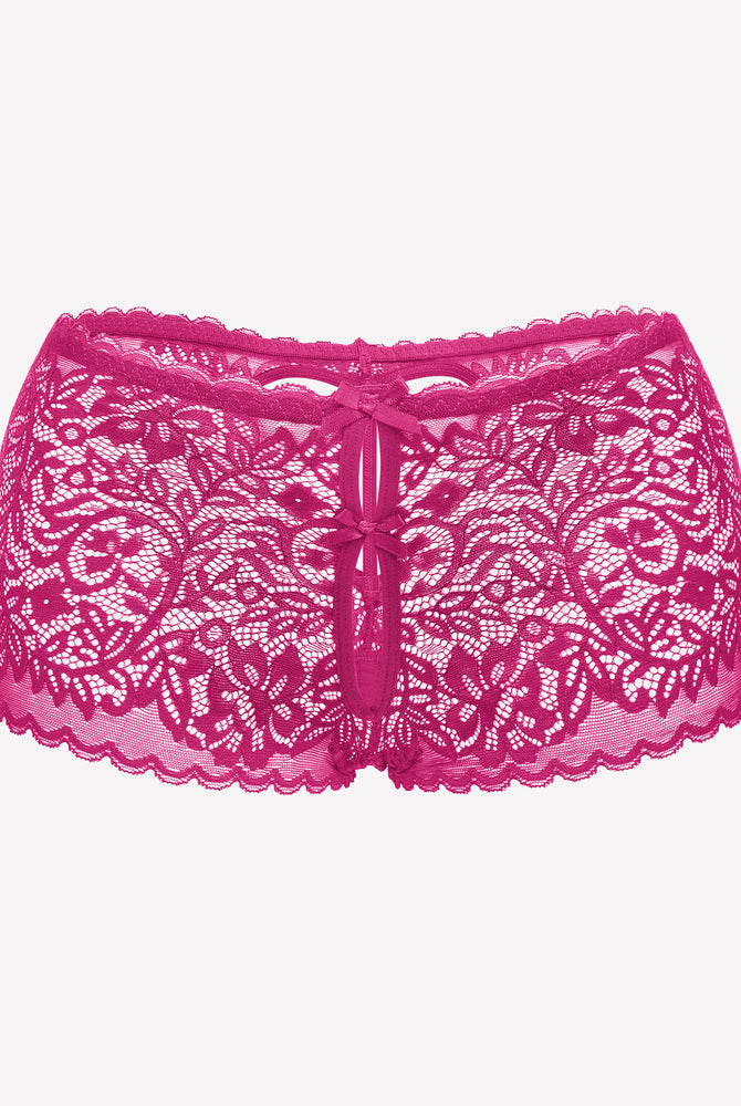 Pink lace boy shorts panties with heart-shaped hollow design and bow accent