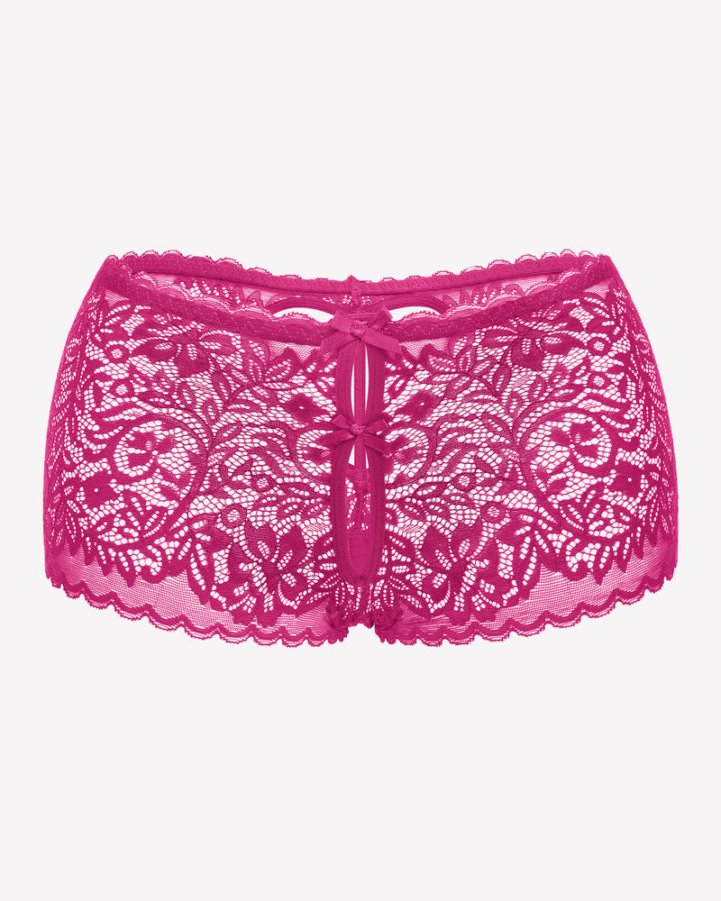 Pink lace boy shorts panties with heart-shaped hollow design and bow accent