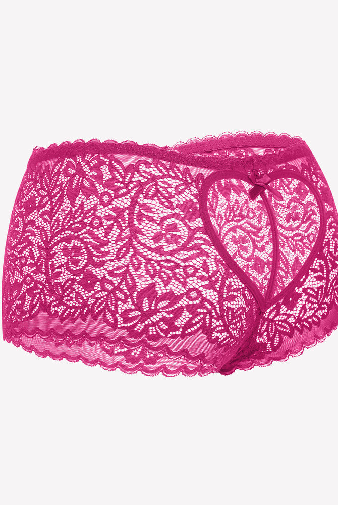 Pink lace boy shorts with heart-shaped hollow design, bow accent, mid-waist, soft lace panties.