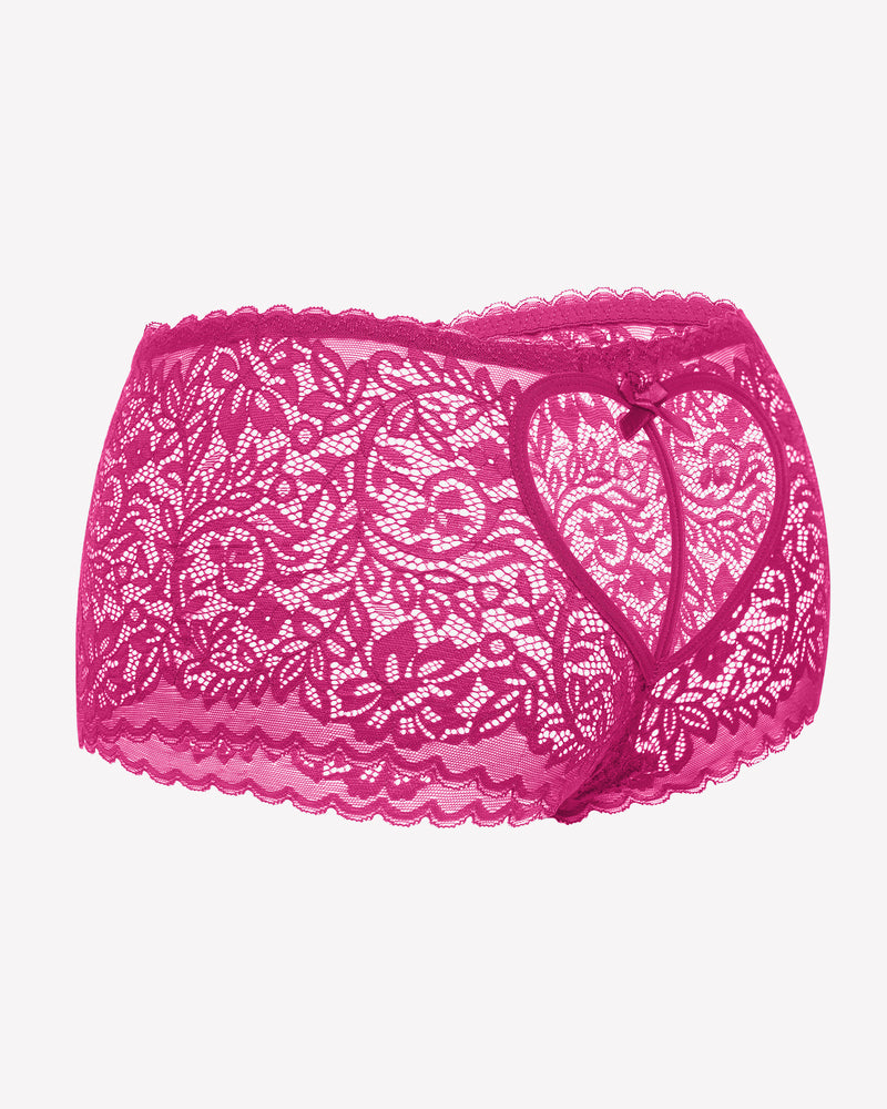 Pink lace boy shorts with heart-shaped hollow design, bow accent, mid-waist, soft lace panties.