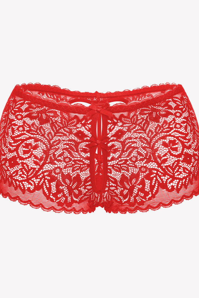 Red lace boy shorts with bow accent. Mid-waist, soft lace panties for a no-line look.