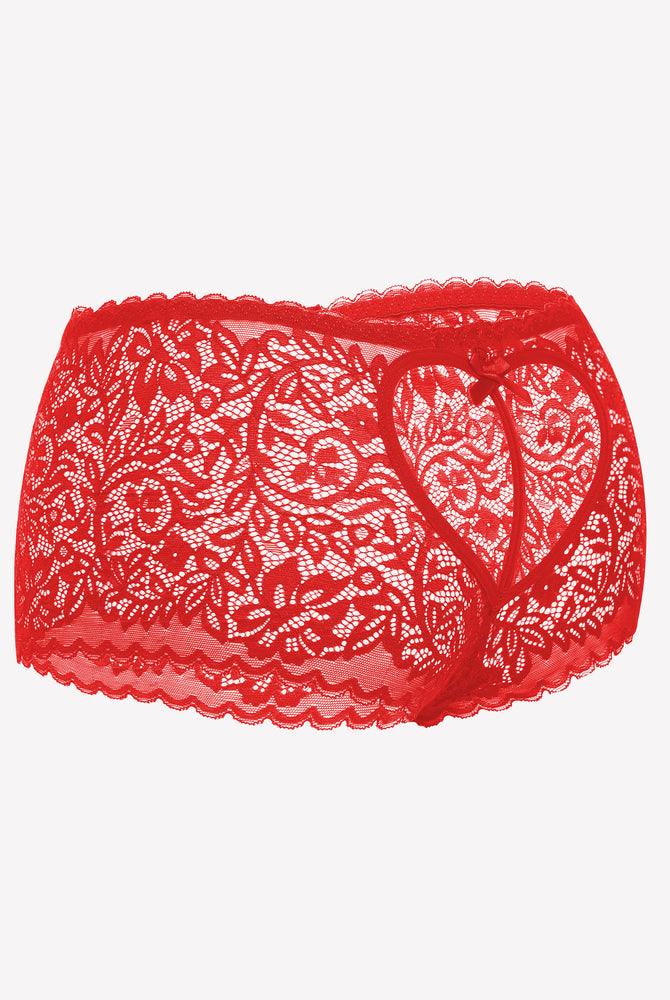 Red lace boy shorts with heart-shaped design and bow accent, mid-waist panties, no-line look