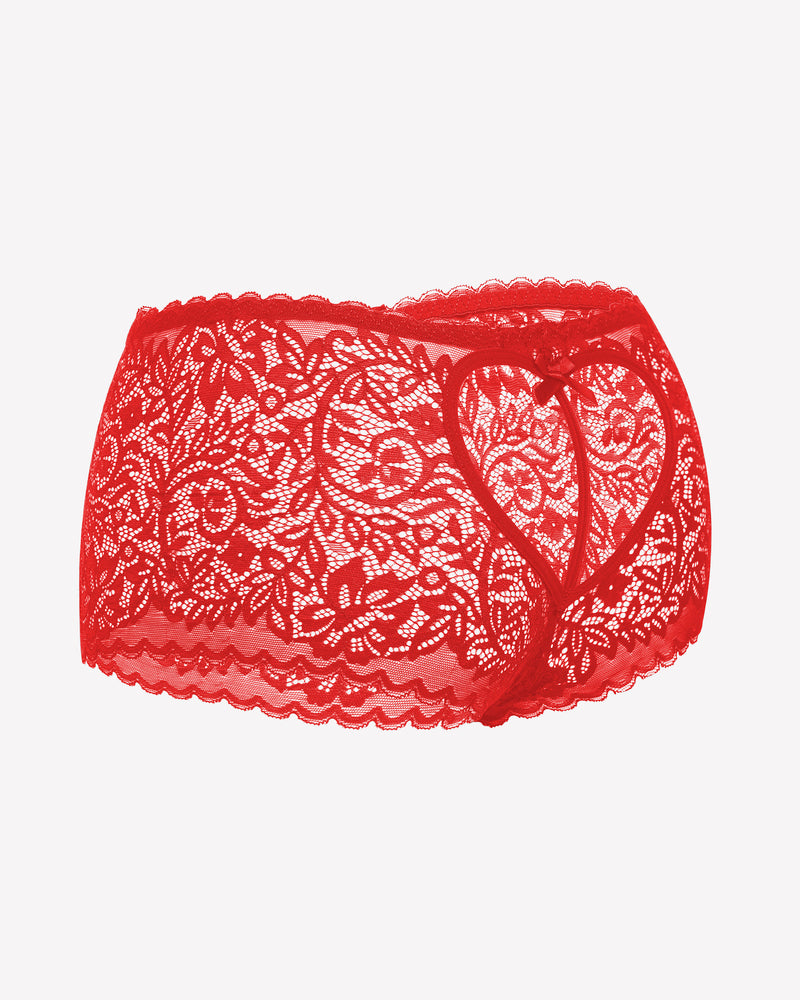 Red lace boy shorts with heart-shaped design and bow accent, mid-waist panties, no-line look