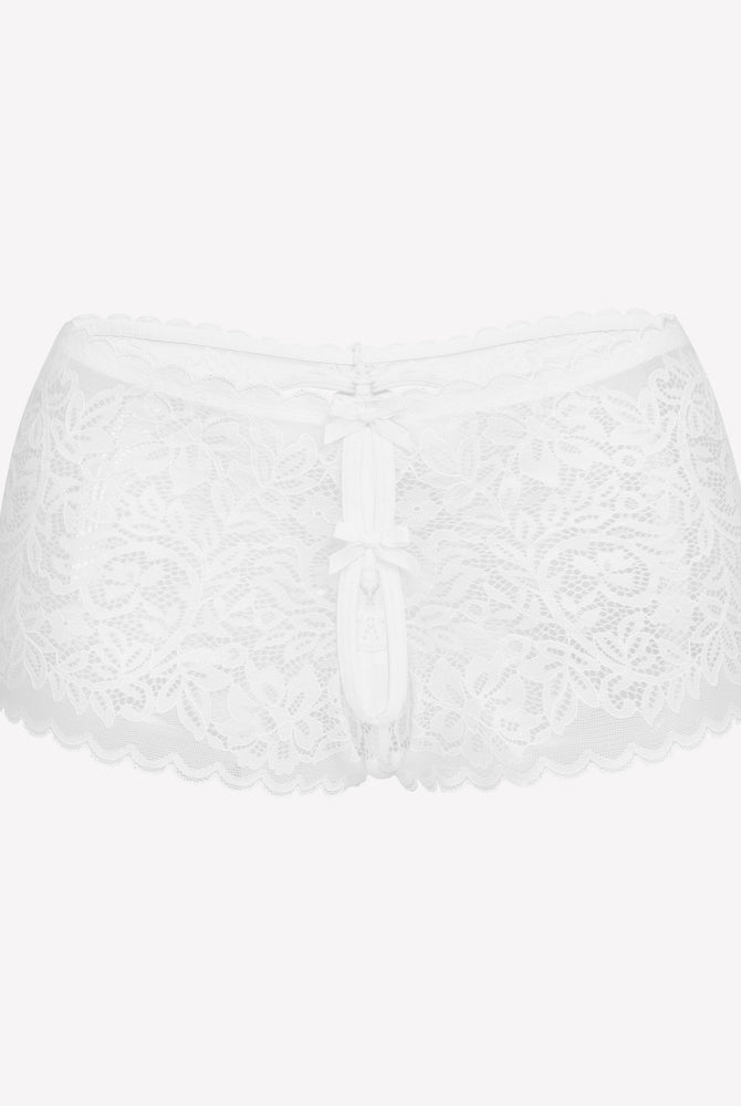 White lace boy shorts with bow accent, mid-waist panties, soft lace for a no-line look