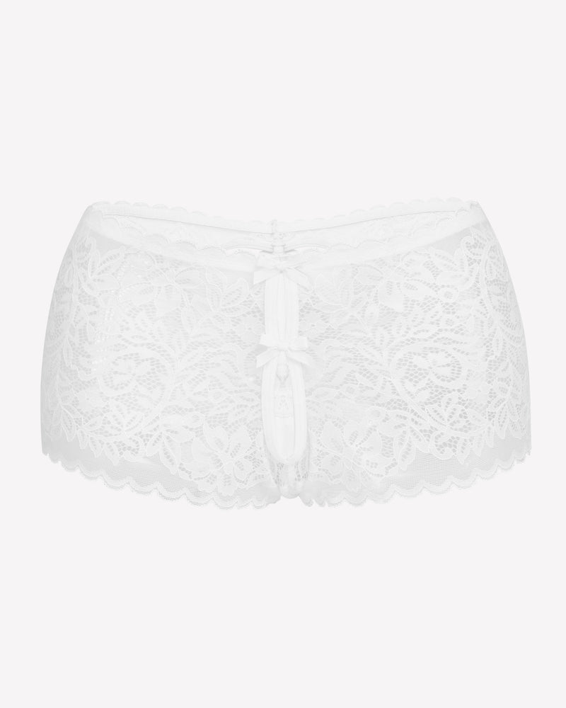 White lace boy shorts with bow accent, mid-waist panties, soft lace for a no-line look