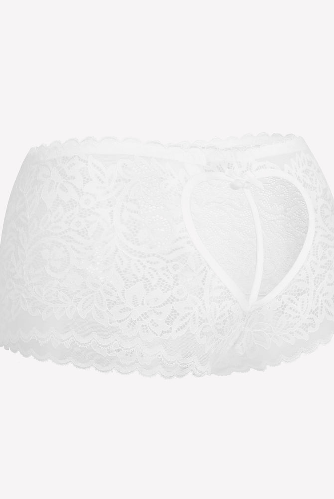 White lace boy shorts with heart-shaped hollow design, mid-waist panties, no-line look