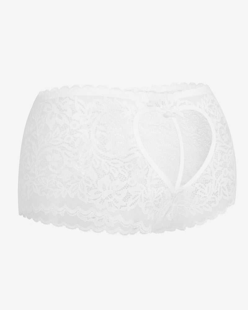 White lace boy shorts with heart-shaped hollow design, mid-waist panties, no-line look