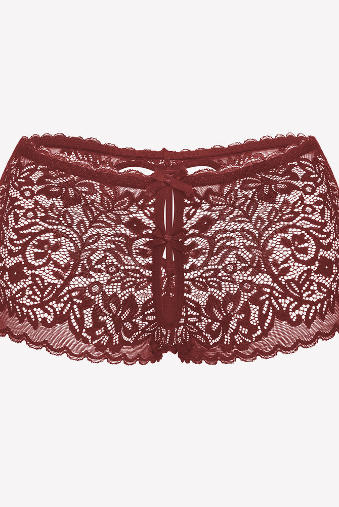 Burgundy lace boy shorts with bow accent, mid-waist panties, soft lace for a no-line look