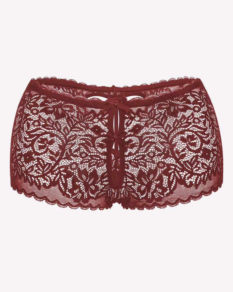 Burgundy lace boy shorts with bow accent, mid-waist panties, soft lace for a no-line look