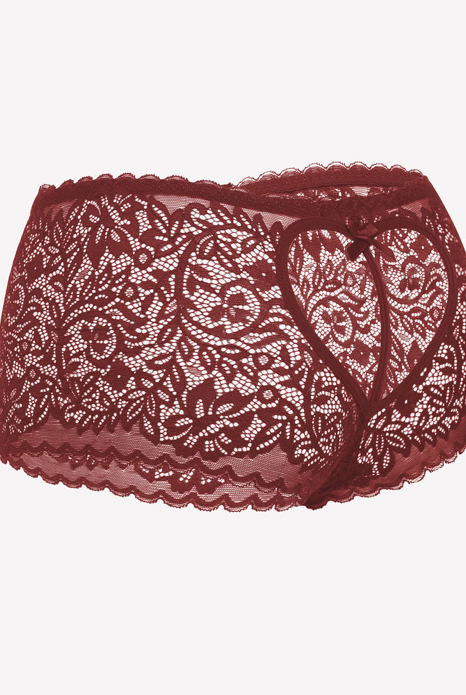 Burgundy lace boy shorts with heart-shaped hollow design and bow accent, mid-waist panties