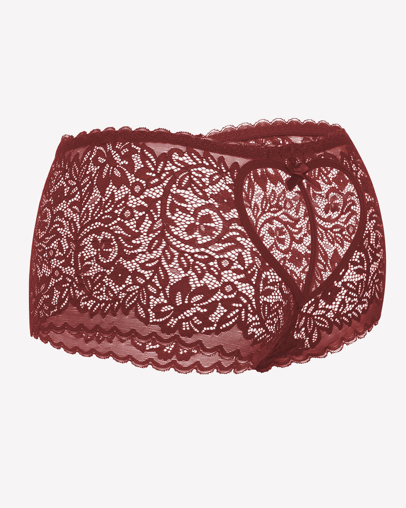 Burgundy lace boy shorts with heart-shaped hollow design and bow accent, mid-waist panties