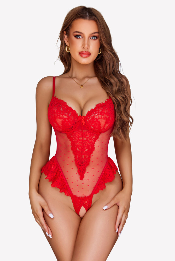 Red lace bodysuit with floral lace and adjustable straps, Avidlove lingerie