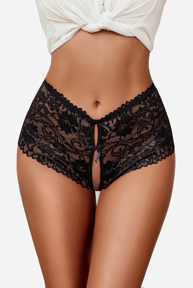 Black floral lace high waist panty with bow details. High-rise, open design for sexy lingerie.