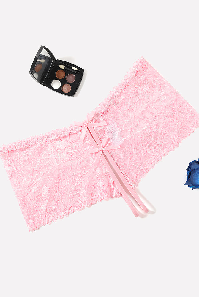 Pink floral lace high waist panty with bow details, feminine lingerie.