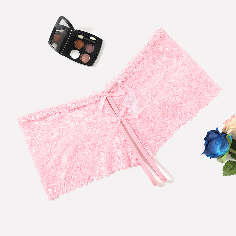 Pink floral lace high waist panty with bow details, feminine lingerie.