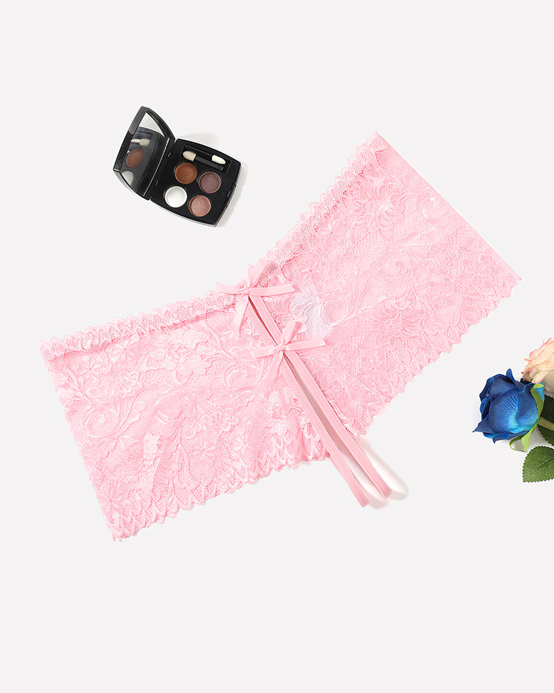 Pink floral lace high waist panty with bow details, feminine lingerie.