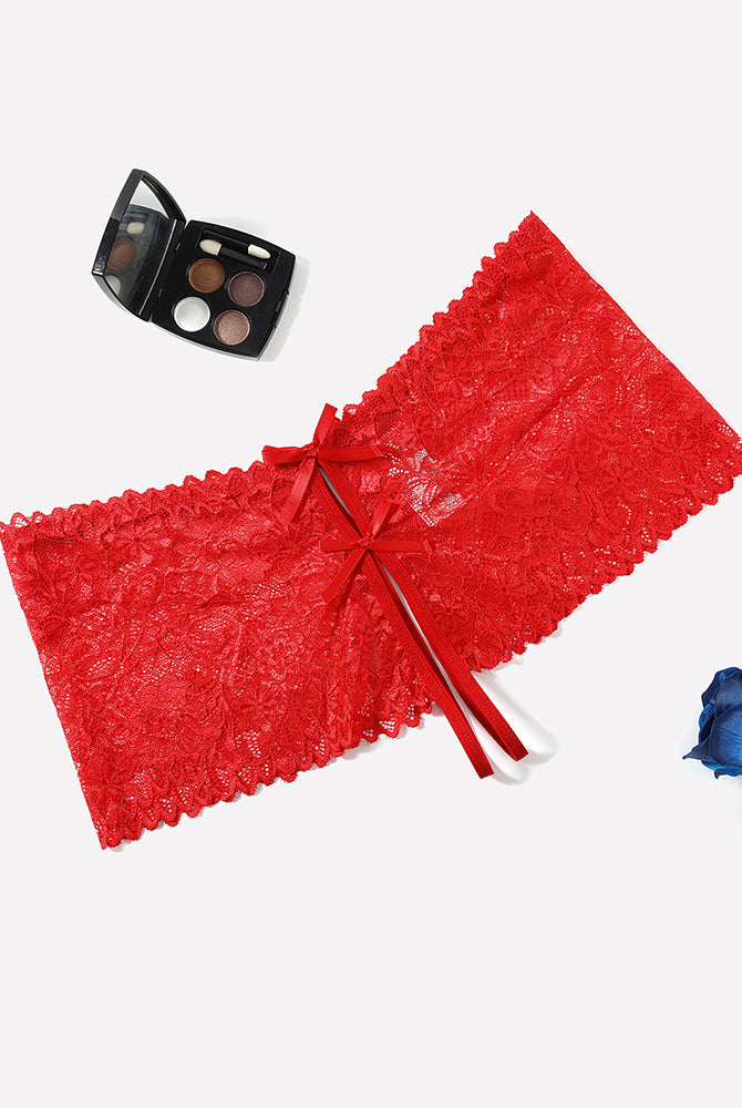 Red lace high waist panty with bow details, delicate floral pattern, for sexy lingerie