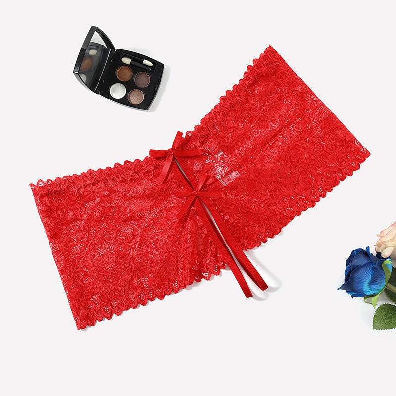 Red lace high waist panty with bow details, delicate floral pattern, for sexy lingerie