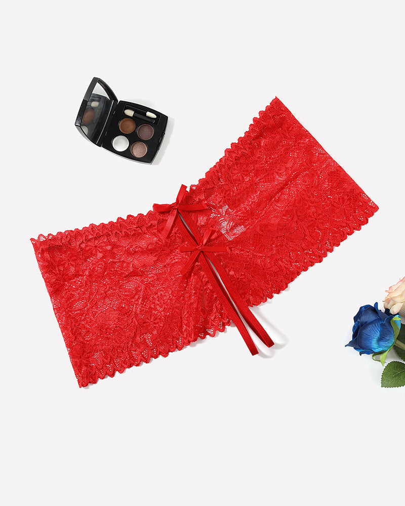 Red lace high waist panty with bow details, delicate floral pattern, for sexy lingerie