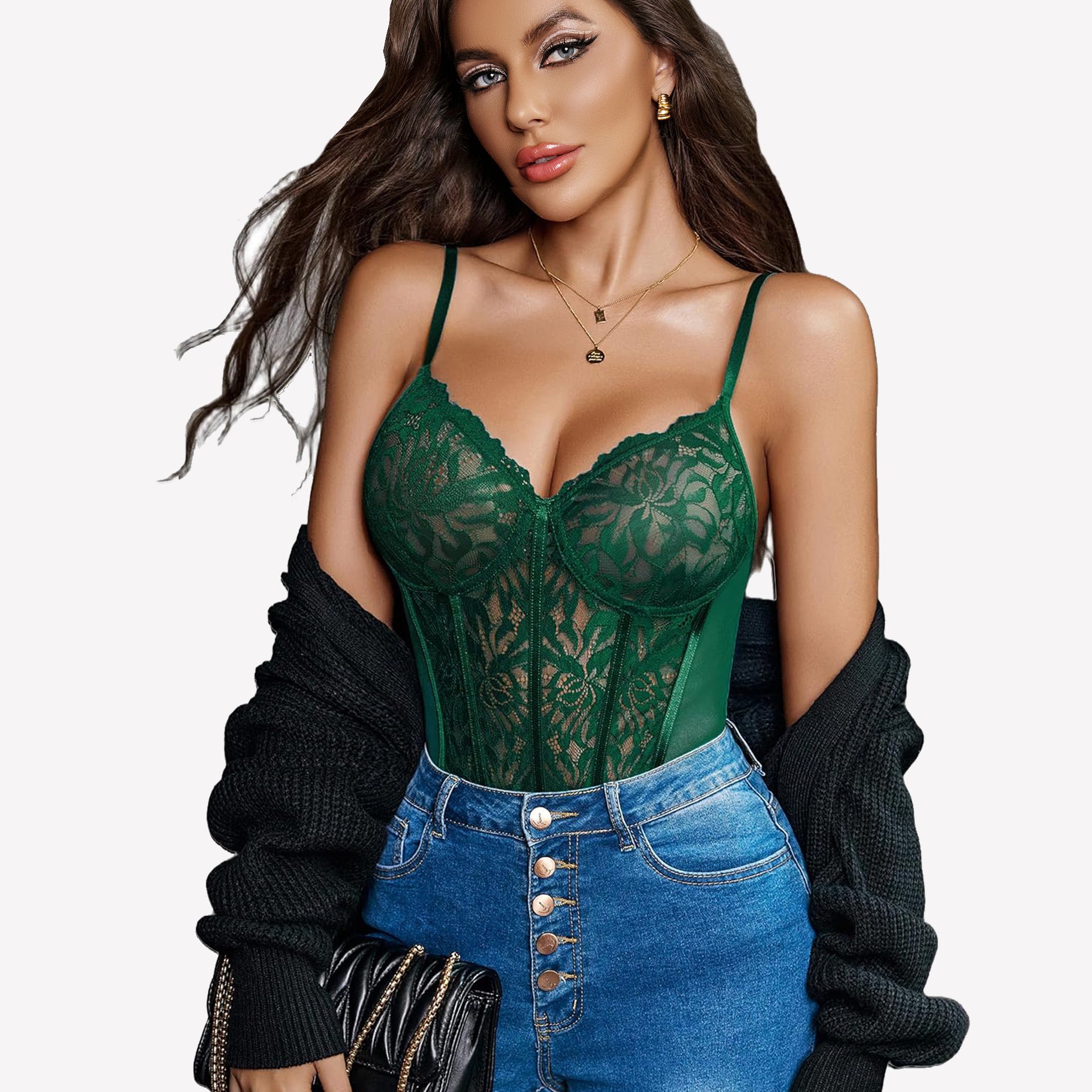 Green lace bodysuit with floral details, enhancing charm, paired with jeans and black sweater.