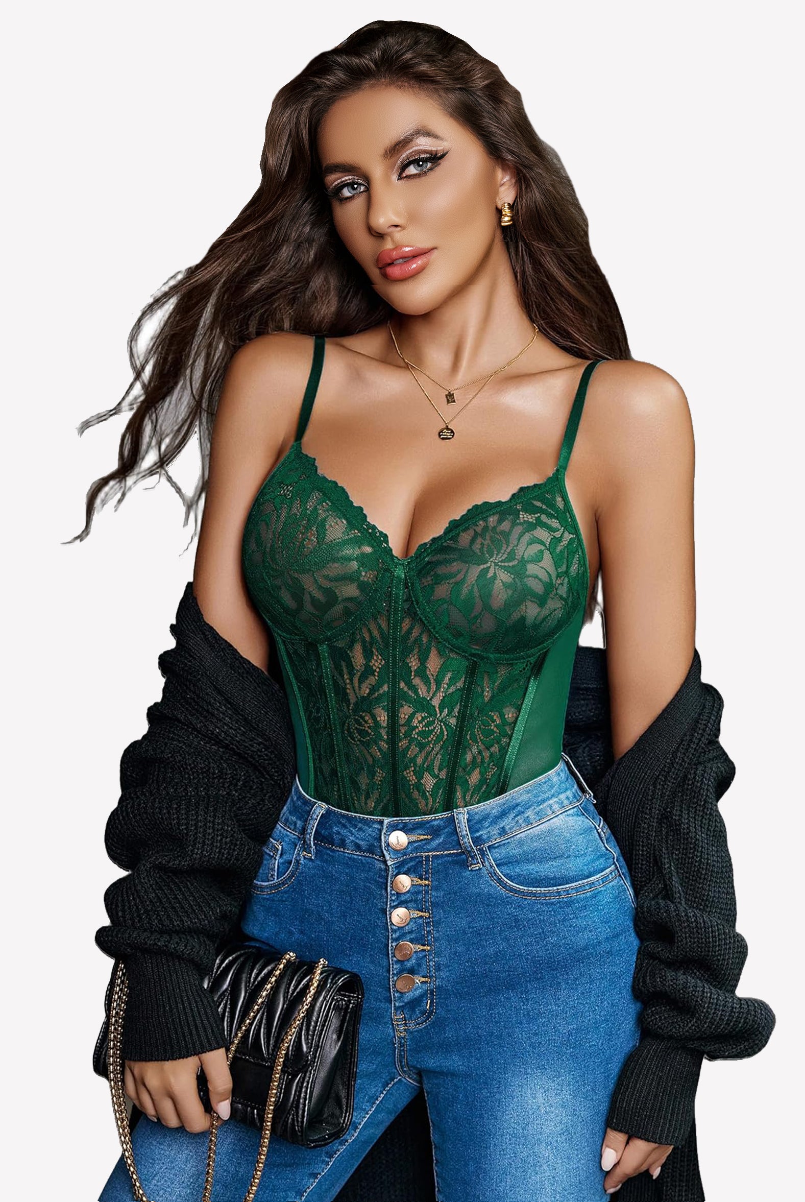 Green lace bodysuit with floral details, enhancing charm, paired with jeans and black sweater.