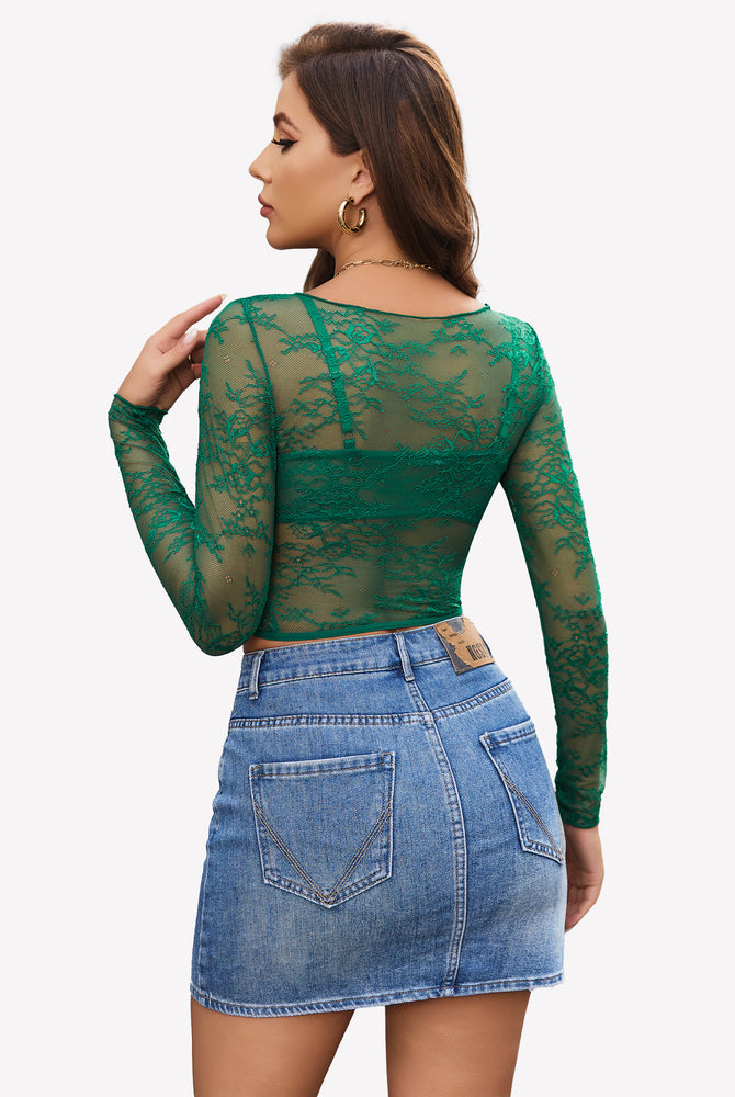 Green floral lace mesh shirt with bra and denim skirt, create a sexy and eye-catching look