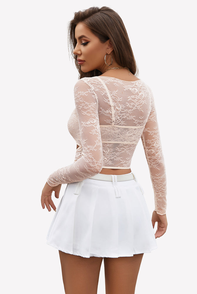 Beige floral lace mesh see through shirt with bra and white pleated skirt, sexy look