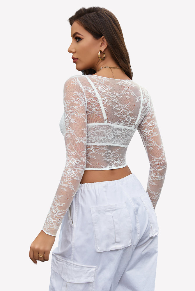 White floral lace mesh see through shirt with bra, sexy lingerie, creating a sexy look.
