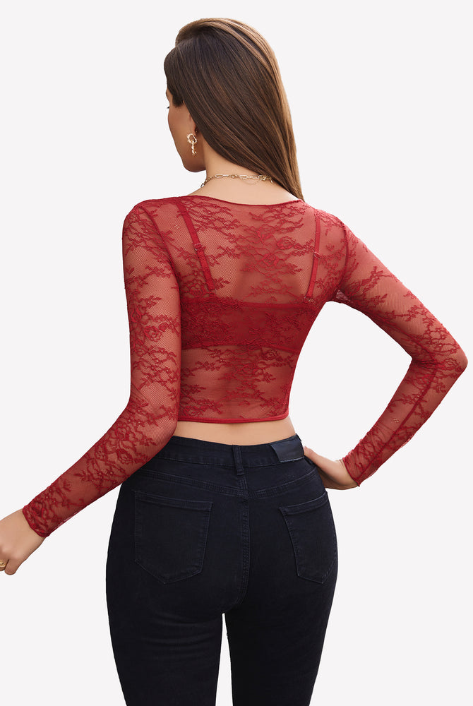Red floral lace mesh see through shirt with bra and black jeans, sexy lingerie.