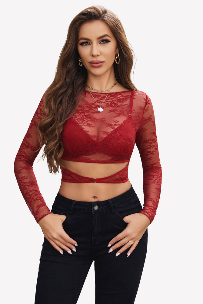 Red floral lace mesh see through shirt with bra, sexy lingerie, creating a sexy look.