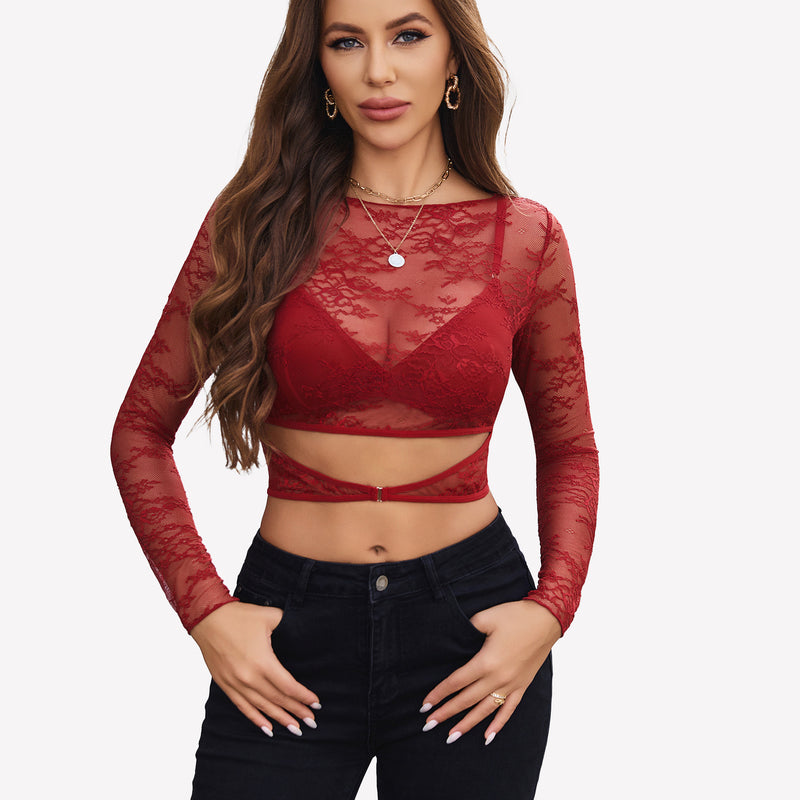 Red floral lace mesh see through shirt with bra, sexy lingerie, creating a sexy look.