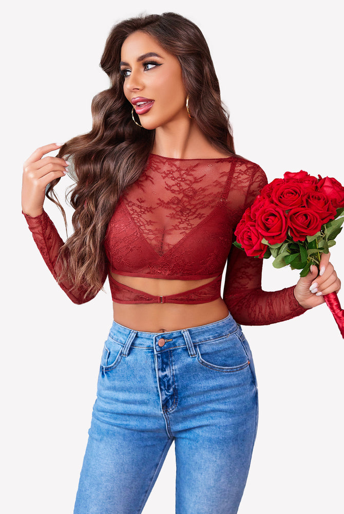 Burgundy mesh see-through shirt with bra, floral lace embroidery, and blue jeans, sexy lingerie look