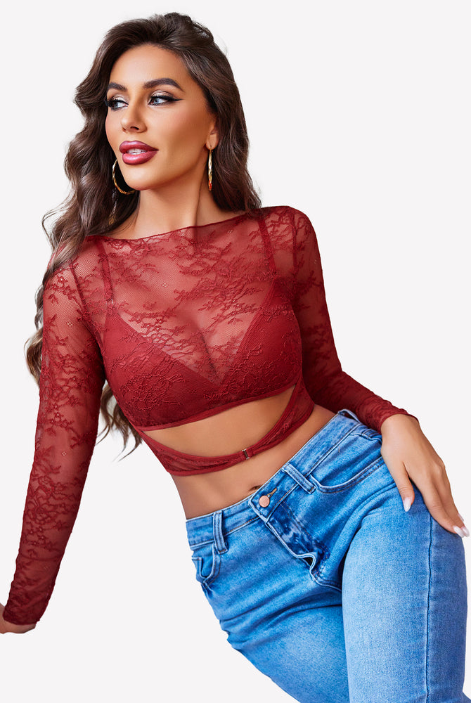 Burgundy floral lace mesh see-through shirt with bra and blue jeans, sexy lingerie look