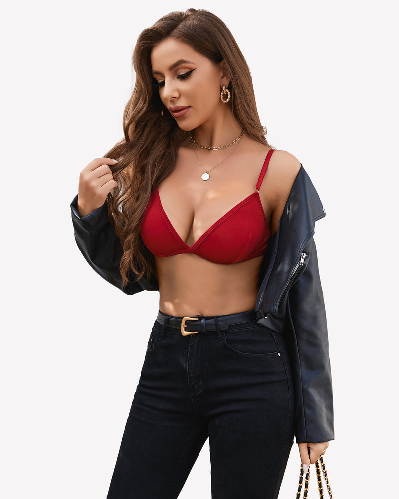 Red triangle bra with black jeans and leather jacket, sexy lingerie look