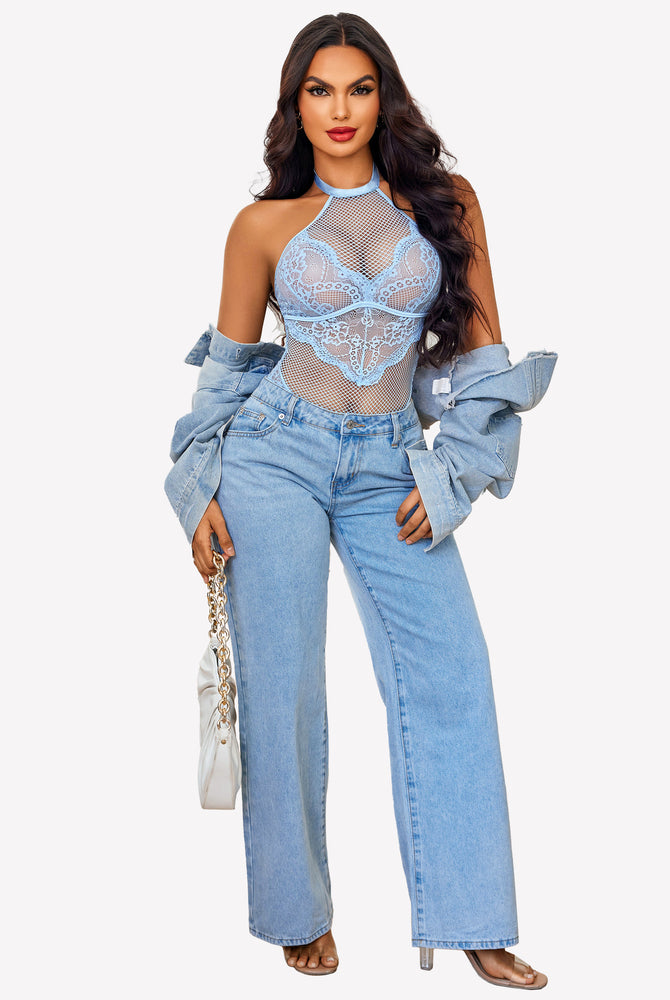 Light blue mesh halter teddy with lace details, jeans and denim jacket. Avidlove lingerie.