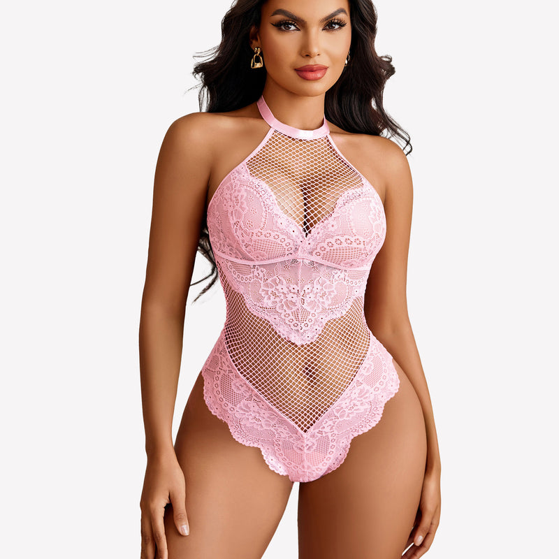 Pink mesh halter teddy with lace details. Sexy lingerie for women by Avidlove. Halter neck bodysuit.