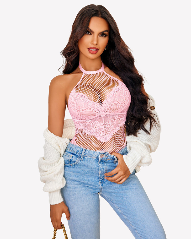 Pink mesh halter teddy with lace details, paired with jeans. Sexy lingerie for women by Avidlove.