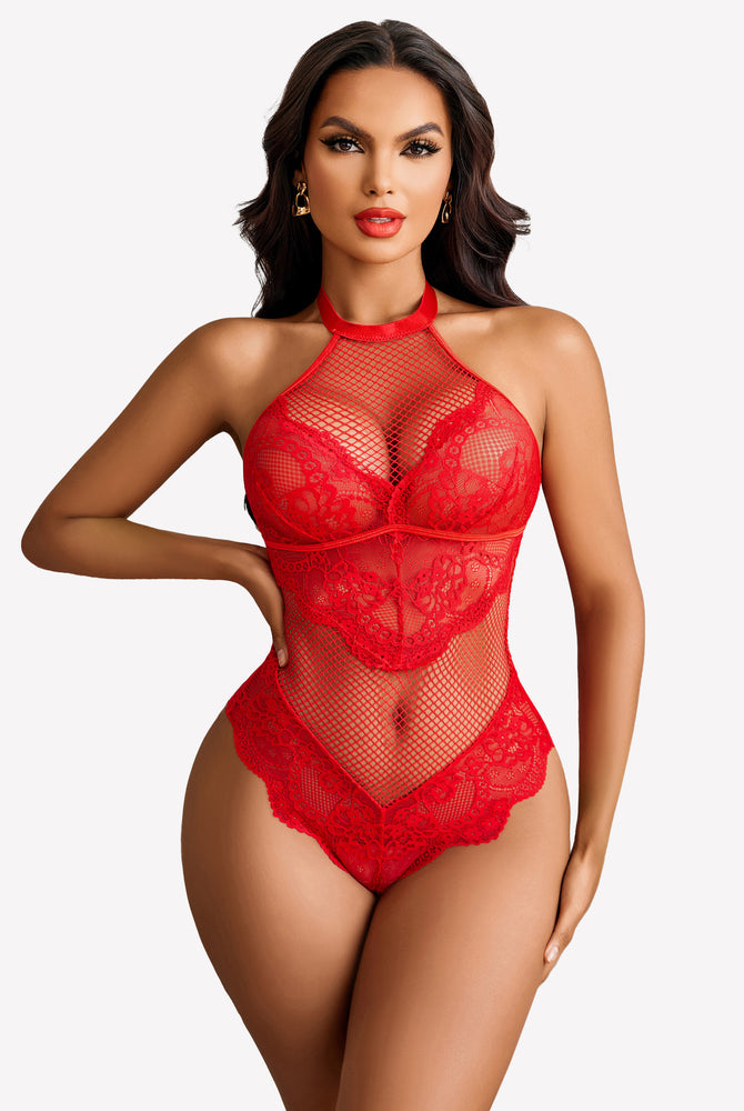 Red mesh halter teddy with lace details by Avidlove. Sexy lingerie for women. Halter neck bodysuit.