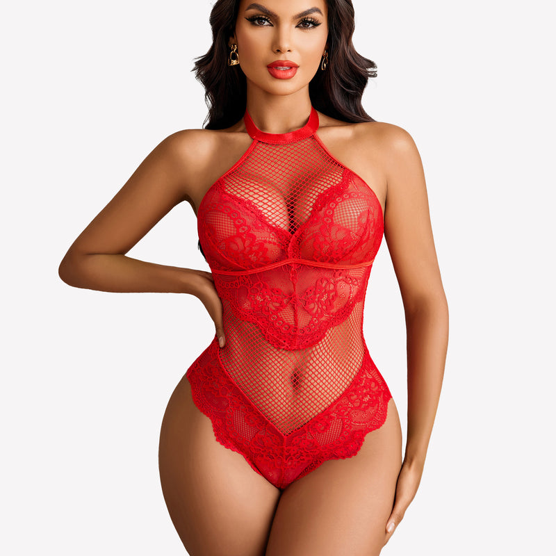 Red mesh halter teddy with lace details by Avidlove. Sexy lingerie for women. Halter neck bodysuit.