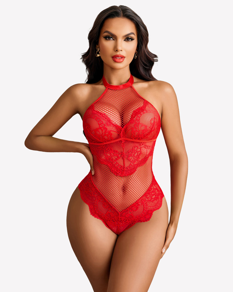 Red mesh halter teddy with lace details by Avidlove. Sexy lingerie for women. Halter neck bodysuit.