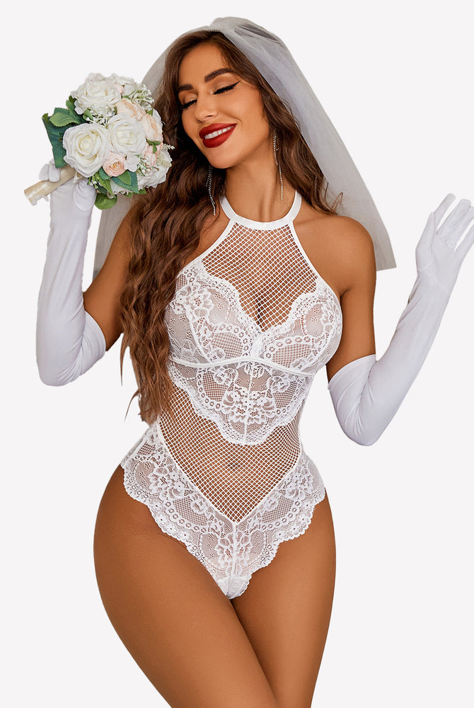 White mesh halter teddy with lace details, bridal lingerie by Avidlove. Halter neck bodysuit.