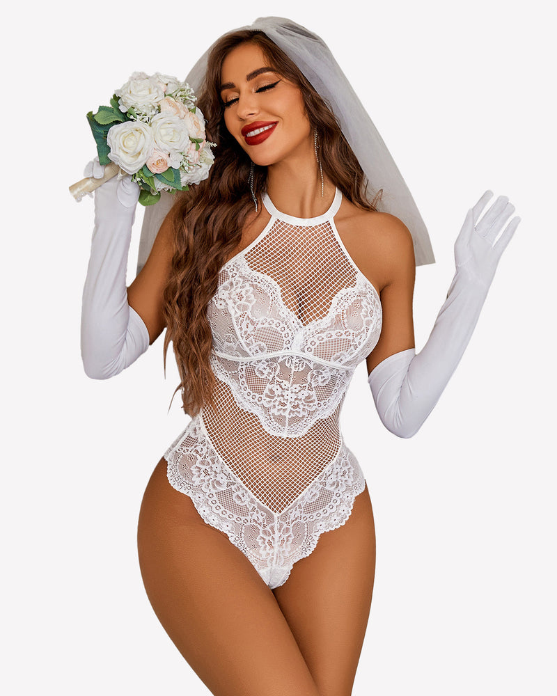 White mesh halter teddy with lace details, bridal lingerie by Avidlove. Halter neck bodysuit.