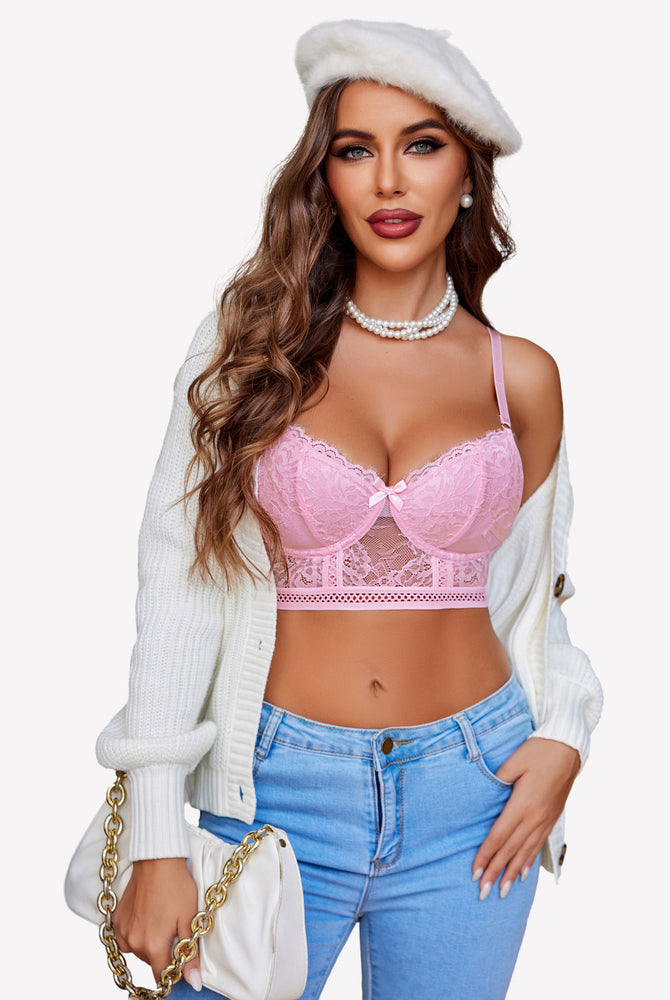 Pink lace bra set with adjustable straps, delicate bow and floral lace, perfect for a romantic night