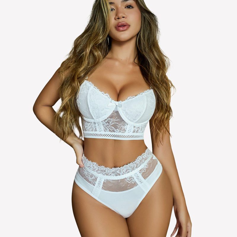 White lace high waist panty and bra set with adjustable straps, perfect for a romantic night