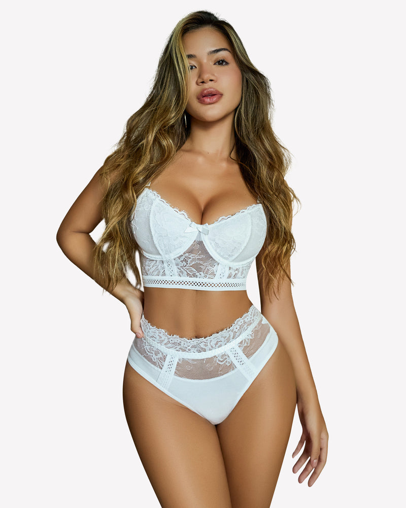 White lace high waist panty and bra set with adjustable straps, perfect for a romantic night